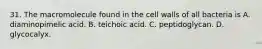 31. The macromolecule found in the cell walls of all bacteria is A. diaminopimelic acid. B. teichoic acid. C. peptidoglycan. D. glycocalyx.