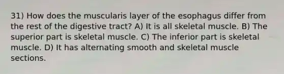 31) How does the muscularis layer of the esophagus differ from the rest of the digestive tract? A) It is all skeletal muscle. B) The superior part is skeletal muscle. C) The inferior part is skeletal muscle. D) It has alternating smooth and skeletal muscle sections.