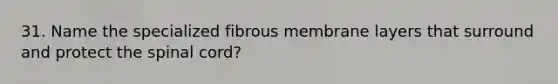 31. Name the specialized fibrous membrane layers that surround and protect <a href='https://www.questionai.com/knowledge/kkAfzcJHuZ-the-spinal-cord' class='anchor-knowledge'>the spinal cord</a>?