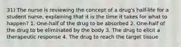 31) The nurse is reviewing the concept of a drug's half-life for a student nurse, explaining that it is the time it takes for what to happen? 1. One-half of the drug to be absorbed 2. One-half of the drug to be eliminated by the body 3. The drug to elicit a therapeutic response 4. The drug to reach the target tissue