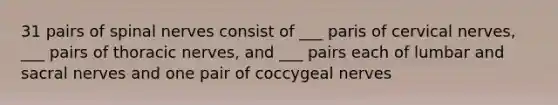 31 pairs of spinal nerves consist of ___ paris of cervical nerves, ___ pairs of thoracic nerves, and ___ pairs each of lumbar and sacral nerves and one pair of coccygeal nerves