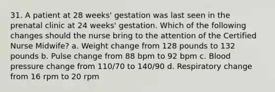 31. A patient at 28 weeks' gestation was last seen in the prenatal clinic at 24 weeks' gestation. Which of the following changes should the nurse bring to the attention of the Certified Nurse Midwife? a. Weight change from 128 pounds to 132 pounds b. Pulse change from 88 bpm to 92 bpm c. Blood pressure change from 110/70 to 140/90 d. Respiratory change from 16 rpm to 20 rpm