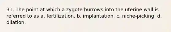 31. The point at which a zygote burrows into the uterine wall is referred to as a. fertilization. b. implantation. c. niche-picking. d. dilation.