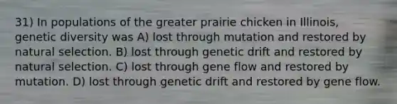 31) In populations of the greater prairie chicken in Illinois, genetic diversity was A) lost through mutation and restored by natural selection. B) lost through genetic drift and restored by natural selection. C) lost through gene flow and restored by mutation. D) lost through genetic drift and restored by gene flow.