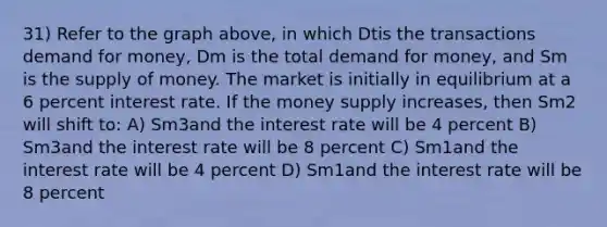 31) Refer to the graph above, in which Dtis the transactions demand for money, Dm is the total demand for money, and Sm is the supply of money. The market is initially in equilibrium at a 6 percent interest rate. If the money supply increases, then Sm2 will shift to: A) Sm3and the interest rate will be 4 percent B) Sm3and the interest rate will be 8 percent C) Sm1and the interest rate will be 4 percent D) Sm1and the interest rate will be 8 percent