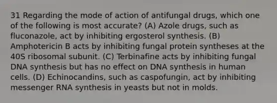 31 Regarding the mode of action of antifungal drugs, which one of the following is most accurate? (A) Azole drugs, such as fluconazole, act by inhibiting ergosterol synthesis. (B) Amphotericin B acts by inhibiting fungal protein syntheses at the 40S ribosomal subunit. (C) Terbinafine acts by inhibiting fungal DNA synthesis but has no effect on DNA synthesis in human cells. (D) Echinocandins, such as caspofungin, act by inhibiting messenger RNA synthesis in yeasts but not in molds.