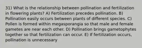 31) What is the relationship between pollination and fertilization in flowering plants? A) Fertilization precedes pollination. B) Pollination easily occurs between plants of different species. C) Pollen is formed within megasporangia so that male and female gametes are near each other. D) Pollination brings gametophytes together so that fertilization can occur. E) If fertilization occurs, pollination is unnecessary