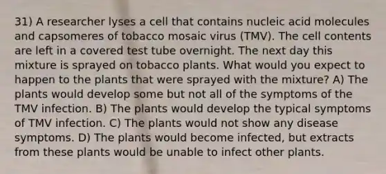 31) A researcher lyses a cell that contains nucleic acid molecules and capsomeres of tobacco mosaic virus (TMV). The cell contents are left in a covered test tube overnight. The next day this mixture is sprayed on tobacco plants. What would you expect to happen to the plants that were sprayed with the mixture? A) The plants would develop some but not all of the symptoms of the TMV infection. B) The plants would develop the typical symptoms of TMV infection. C) The plants would not show any disease symptoms. D) The plants would become infected, but extracts from these plants would be unable to infect other plants.