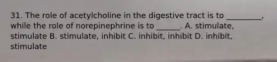 31. The role of acetylcholine in the digestive tract is to _________, while the role of norepinephrine is to ______. A. stimulate, stimulate B. stimulate, inhibit C. inhibit, inhibit D. inhibit, stimulate