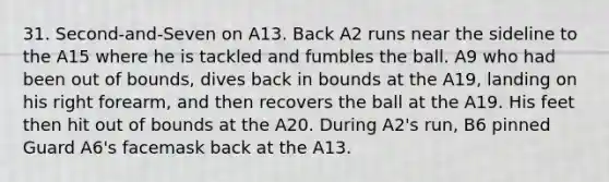 31. Second‑and‑Seven on A13. Back A2 runs near the sideline to the A15 where he is tackled and fumbles the ball. A9 who had been out of bounds, dives back in bounds at the A19, landing on his right forearm, and then recovers the ball at the A19. His feet then hit out of bounds at the A20. During A2's run, B6 pinned Guard A6's facemask back at the A13.