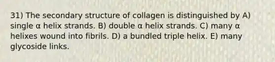 31) The <a href='https://www.questionai.com/knowledge/kRddrCuqpV-secondary-structure' class='anchor-knowledge'>secondary structure</a> of collagen is distinguished by A) single α helix strands. B) double α helix strands. C) many α helixes wound into fibrils. D) a bundled triple helix. E) many glycoside links.