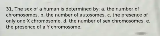 31. The sex of a human is determined by: a. the number of chromosomes. b. the number of autosomes. c. the presence of only one X chromosome. d. the number of sex chromosomes. e. the presence of a Y chromosome.