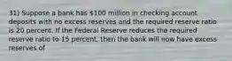 31) Suppose a bank has 100 million in checking account deposits with no excess reserves and the required reserve ratio is 20 percent. If the Federal Reserve reduces the required reserve ratio to 15 percent, then the bank will now have excess reserves of