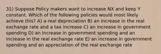 31) Suppose Policy makers want to increase NX and keep Y constant. Which of the following policies would most likely achieve this? A) a real depreciation B) an increase in the real exchange rate and a tax increase C) an increase in government spending D) an increase in government spending and an increase in the real exchange rate E) an increase in government spending and an appreciation of the real exchange rate