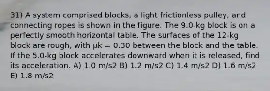 31) A system comprised blocks, a light frictionless pulley, and connecting ropes is shown in the figure. The 9.0-kg block is on a perfectly smooth horizontal table. The surfaces of the 12-kg block are rough, with μk = 0.30 between the block and the table. If the 5.0-kg block accelerates downward when it is released, find its acceleration. A) 1.0 m/s2 B) 1.2 m/s2 C) 1.4 m/s2 D) 1.6 m/s2 E) 1.8 m/s2