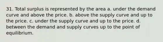 31. Total surplus is represented by the area a. under the demand curve and above the price. b. above the supply curve and up to the price. c. under the supply curve and up to the price. d. between the demand and supply curves up to the point of equilibrium.