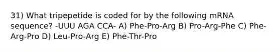 31) What tripepetide is coded for by the following mRNA sequence? -UUU AGA CCA- A) Phe-Pro-Arg B) Pro-Arg-Phe C) Phe-Arg-Pro D) Leu-Pro-Arg E) Phe-Thr-Pro