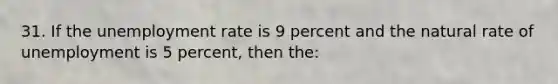 31. If the unemployment rate is 9 percent and the natural rate of unemployment is 5 percent, then the: