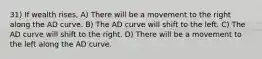 31) If wealth rises, A) There will be a movement to the right along the AD curve. B) The AD curve will shift to the left. C) The AD curve will shift to the right. D) There will be a movement to the left along the AD curve.