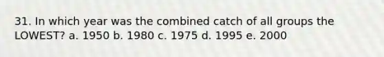 31. In which year was the combined catch of all groups the LOWEST? a. 1950 b. 1980 c. 1975 d. 1995 e. 2000