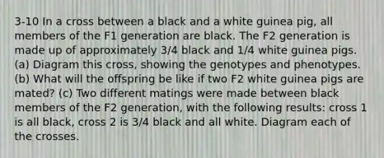 3-10 In a cross between a black and a white guinea pig, all members of the F1 generation are black. The F2 generation is made up of approximately 3/4 black and 1/4 white guinea pigs. (a) Diagram this cross, showing the genotypes and phenotypes. (b) What will the offspring be like if two F2 white guinea pigs are mated? (c) Two different matings were made between black members of the F2 generation, with the following results: cross 1 is all black, cross 2 is 3/4 black and all white. Diagram each of the crosses.