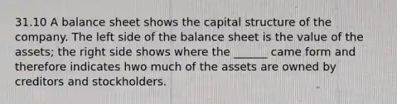 31.10 A balance sheet shows the capital structure of the company. The left side of the balance sheet is the value of the assets; the right side shows where the ______ came form and therefore indicates hwo much of the assets are owned by creditors and stockholders.