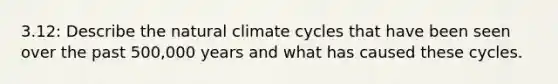 3.12: Describe the natural climate cycles that have been seen over the past 500,000 years and what has caused these cycles.