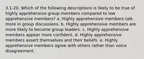 3.1-20. Which of the following descriptions is likely to be true of highly apprehensive group members compared to low apprehensive members? a. Highly apprehensive members talk more in group discussions. b. Highly apprehensive members are more likely to become group leaders. c. Highly apprehensive members appear more confident. d. Highly apprehensive members assert themselves and their beliefs. e. Highly apprehensive members agree with others rather than voice disagreement.