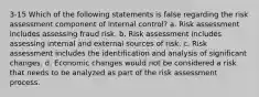 3-15 Which of the following statements is false regarding the risk assessment component of internal control? a. Risk assessment includes assessing fraud risk. b. Risk assessment includes assessing internal and external sources of risk. c. Risk assessment includes the identification and analysis of significant changes. d. Economic changes would not be considered a risk that needs to be analyzed as part of the risk assessment process.