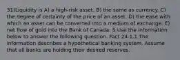 31)Liquidity is A) a high-risk asset. B) the same as currency. C) the degree of certainty of the price of an asset. D) the ease with which an asset can be converted into a medium of exchange. E) net flow of gold into the Bank of Canada. 5 Use the information below to answer the following question. Fact 24.1.1 The information describes a hypothetical banking system. Assume that all banks are holding their desired reserves.