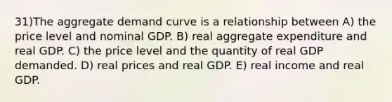 31)The aggregate demand curve is a relationship between A) the price level and nominal GDP. B) real aggregate expenditure and real GDP. C) the price level and the quantity of real GDP demanded. D) real prices and real GDP. E) real income and real GDP.