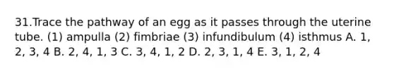 31.Trace the pathway of an egg as it passes through the uterine tube. (1) ampulla (2) fimbriae (3) infundibulum (4) isthmus A. 1, 2, 3, 4 B. 2, 4, 1, 3 C. 3, 4, 1, 2 D. 2, 3, 1, 4 E. 3, 1, 2, 4