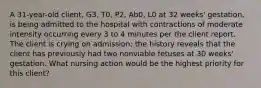 A 31-year-old client, G3, T0, P2, Ab0, L0 at 32 weeks' gestation, is being admitted to the hospital with contractions of moderate intensity occurring every 3 to 4 minutes per the client report. The client is crying on admission; the history reveals that the client has previously had two nonviable fetuses at 30 weeks' gestation. What nursing action would be the highest priority for this client?