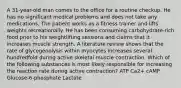 A 31-year-old man comes to the office for a routine checkup. He has no significant medical problems and does not take any medications. The patient works as a fitness trainer and lifts weights recreationally. He has been consuming carbohydrate-rich food prior to his weightlifting sessions and claims that it increases muscle strength. A literature review shows that the rate of glycogenolysis within myocytes increases several hundredfold during active skeletal muscle contraction. Which of the following substances is most likely responsible for increasing the reaction rate during active contraction? ATP Ca2+ cAMP Glucose-6-phosphate Lactate