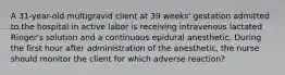 A 31-year-old multigravid client at 39 weeks' gestation admitted to the hospital in active labor is receiving intravenous lactated Ringer's solution and a continuous epidural anesthetic. During the first hour after administration of the anesthetic, the nurse should monitor the client for which adverse reaction?