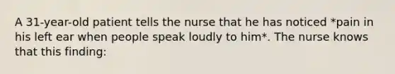 A 31-year-old patient tells the nurse that he has noticed *pain in his left ear when people speak loudly to him*. The nurse knows that this finding: