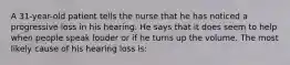 A 31-year-old patient tells the nurse that he has noticed a progressive loss in his hearing. He says that it does seem to help when people speak louder or if he turns up the volume. The most likely cause of his hearing loss is: