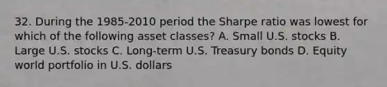 32. During the 1985-2010 period the Sharpe ratio was lowest for which of the following asset classes? A. Small U.S. stocks B. Large U.S. stocks C. Long-term U.S. Treasury bonds D. Equity world portfolio in U.S. dollars