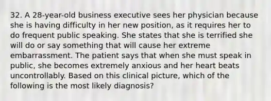 32. A 28-year-old business executive sees her physician because she is having difficulty in her new position, as it requires her to do frequent public speaking. She states that she is terrified she will do or say something that will cause her extreme embarrassment. The patient says that when she must speak in public, she becomes extremely anxious and her heart beats uncontrollably. Based on this clinical picture, which of the following is the most likely diagnosis?