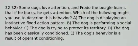 32 32) Some dogs love attention, and Frodo the beagle learns that if he barks, he gets attention. Which of the following might you use to describe this behavior? A) The dog is displaying an instinctive fixed action pattern. B) The dog is performing a social behavior. C) The dog is trying to protect its territory. D) The dog has been classically conditioned. E) The dog's behavior is a result of operant conditioning.