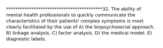 ******************************************32. The ability of mental health professionals to quickly communicate the characteristics of their patients' complex symptoms is most clearly facilitated by the use of A) the biopsychosocial approach. B) linkage analysis. C) factor analysis. D) the medical model. E) diagnostic labels.