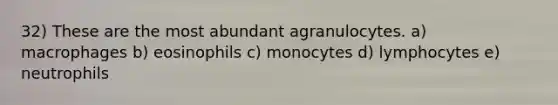 32) These are the most abundant agranulocytes. a) macrophages b) eosinophils c) monocytes d) lymphocytes e) neutrophils