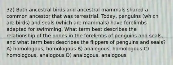 32) Both ancestral birds and ancestral mammals shared a common ancestor that was terrestrial. Today, penguins (which are birds) and seals (which are mammals) have forelimbs adapted for swimming. What term best describes the relationship of the bones in the forelimbs of penguins and seals, and what term best describes the flippers of penguins and seals? A) homologous, homologous B) analogous, homologous C) homologous, analogous D) analogous, analogous