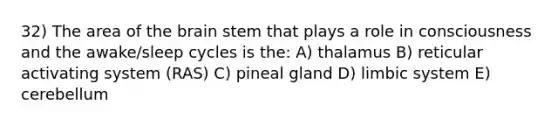 32) The area of <a href='https://www.questionai.com/knowledge/kLMtJeqKp6-the-brain' class='anchor-knowledge'>the brain</a> stem that plays a role in consciousness and the awake/sleep cycles is the: A) thalamus B) reticular activating system (RAS) C) pineal gland D) limbic system E) cerebellum