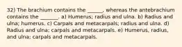 32) The brachium contains the ______, whereas the antebrachium contains the _______. a) Humerus; radius and ulna. b) Radius and ulna; humerus. c) Carpals and metacarpals; radius and ulna. d) Radius and ulna; carpals and metacarpals. e) Humerus, radius, and ulna; carpals and metacarpals.