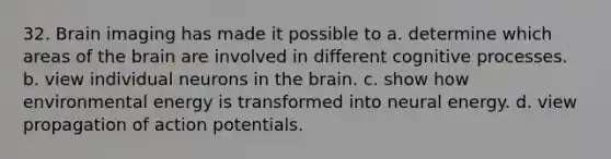 32. Brain imaging has made it possible to a. determine which areas of the brain are involved in different cognitive processes. b. view individual neurons in the brain. c. show how environmental energy is transformed into neural energy. d. view propagation of action potentials.