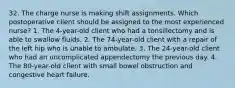 32. The charge nurse is making shift assignments. Which postoperative client should be assigned to the most experienced nurse? 1. The 4-year-old client who had a tonsillectomy and is able to swallow fluids. 2. The 74-year-old client with a repair of the left hip who is unable to ambulate. 3. The 24-year-old client who had an uncomplicated appendectomy the previous day. 4. The 80-year-old client with small bowel obstruction and congestive heart failure.