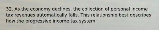 32. As the economy declines, the collection of personal income tax revenues automatically falls. This relationship best describes how the progressive income tax system: