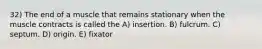 32) The end of a muscle that remains stationary when the muscle contracts is called the A) insertion. B) fulcrum. C) septum. D) origin. E) fixator