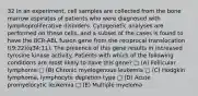 32 In an experiment, cell samples are collected from the bone marrow aspirates of patients who were diagnosed with lymphoproliferative disorders. Cytogenetic analyses are performed on these cells, and a subset of the cases is found to have the BCR-ABL fusion gene from the reciprocal translocation t(9;22)(q34;11). The presence of this gene results in increased tyrosine kinase activity. Patients with which of the following conditions are most likely to have this gene? □ (A) Follicular lymphoma □ (B) Chronic myelogenous leukemia □ (C) Hodgkin lymphoma, lymphocyte depletion type □ (D) Acute promyelocytic leukemia □ (E) Multiple myeloma